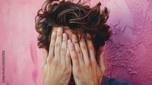 Young man with curly hair covering his face against a vibrant pink wall, expressing emotions in an artistic setting