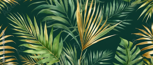 Tropical Palm Leaves Background with Gold Accents and Emerald Green