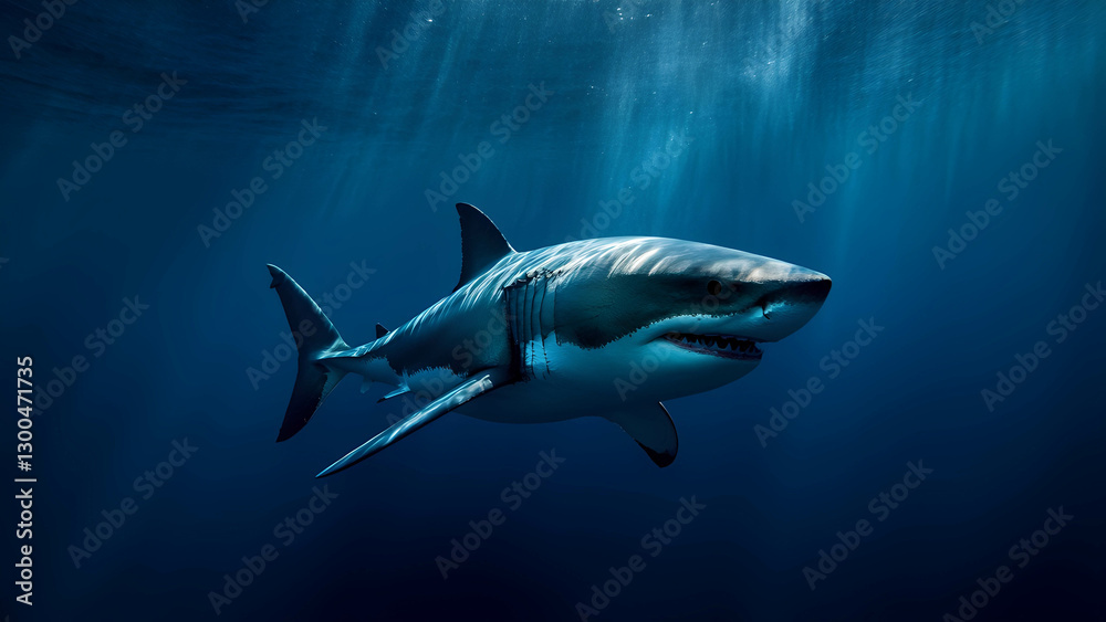 Fototapeta premium A great white shark gliding through the deep blue sea, mysterious and powerful