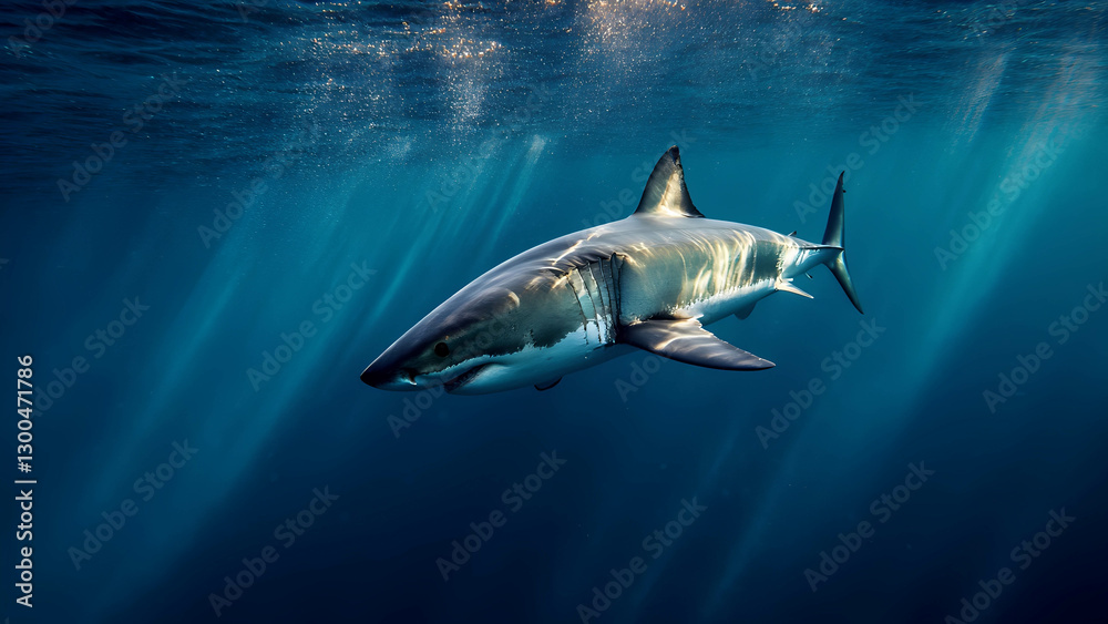 Fototapeta premium A great white shark gliding through the deep blue sea, mysterious and powerful