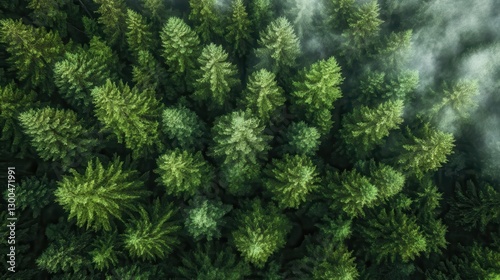 Aerial view of lush green forest with tall pine trees and natural sunlight streaming through for nature lovers and eco-friendly enthusiasts.