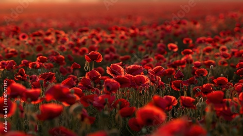 Vibrant Red Poppy Field at Sunset with Blurred Background and Soft Warm Light