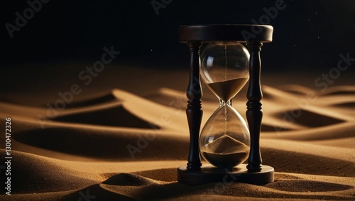 A classic wooden hourglass filled with sand is placed on golden desert dunes under dramatic lighting. The image symbolises time, patience, and the passing of moments photo