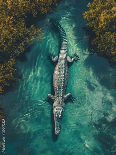 An aerial view of a crocodile swimming gracefully through a clear river, showcasing its sleek body and the rippling water below.