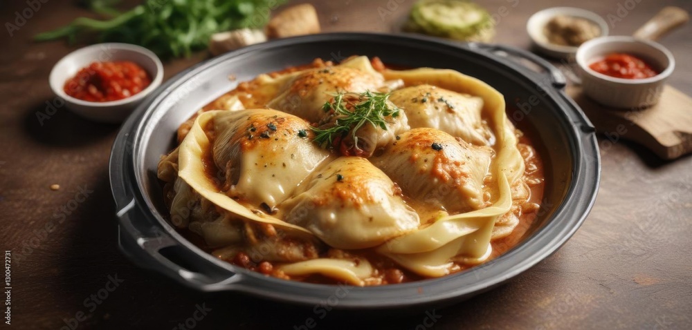 Maultaschen in a flavorful onion sauce served hot, onions, german Maultaschen in a flavorful onion sauce served hot, onions, german