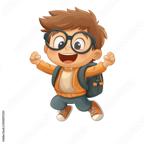 A cartoon boy with glasses and a backpack isolated on white background.PNG