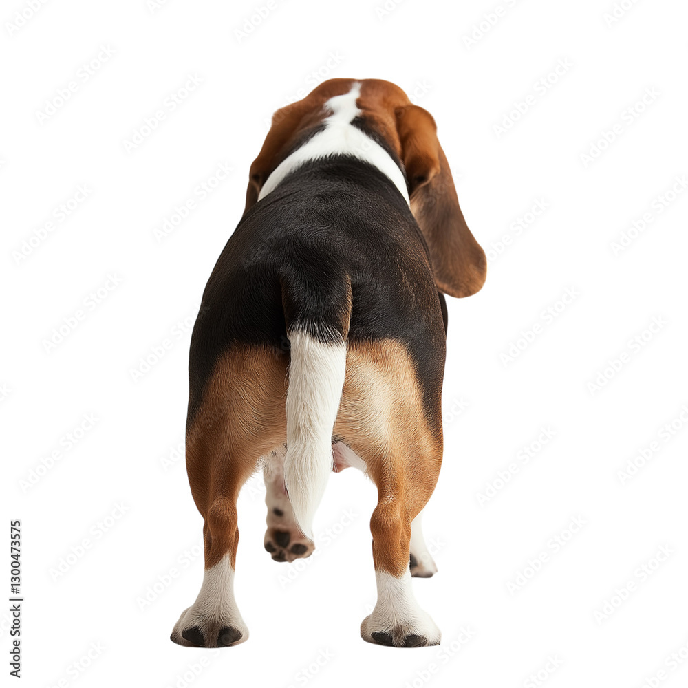 A back view of a basset hound walking in the field on a white solid background A back view of a basset hound walking in the field on a white solid background