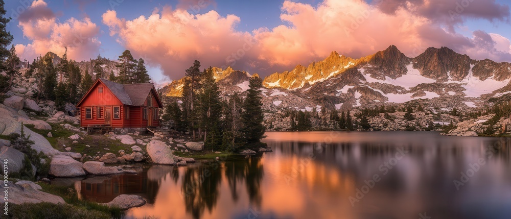 Fototapeta premium Mountain lake landscape with cabin reflections, dramatic sunset clouds, serene nature scene, outdoor adventure, travel destination, peaceful retreat.