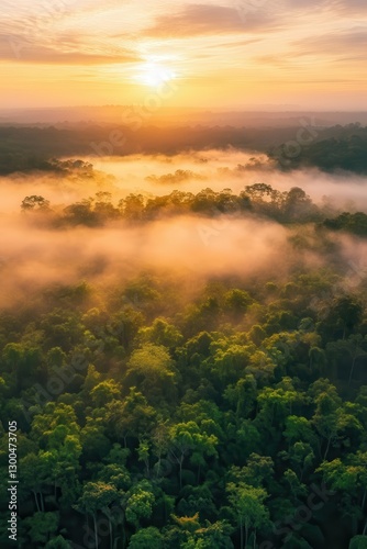 Aerial view of lush green rainforest canopy during vibrant sunrise with mist, natural landscape and beautiful scenery, tropical environment and biodiversity.