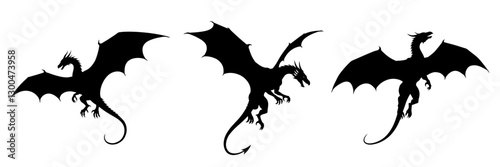 Dynamic set of three majestic dragon silhouettes with spread wings. Perfect for fantasy-themed designs, gaming assets, and decorative artwork. High-contrast black shapes with detailed wing patterns.