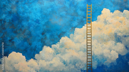 Yellow ladder reaching toward bright clouds in a blue sky illustrates the pursuit of dreams and aspirations photo