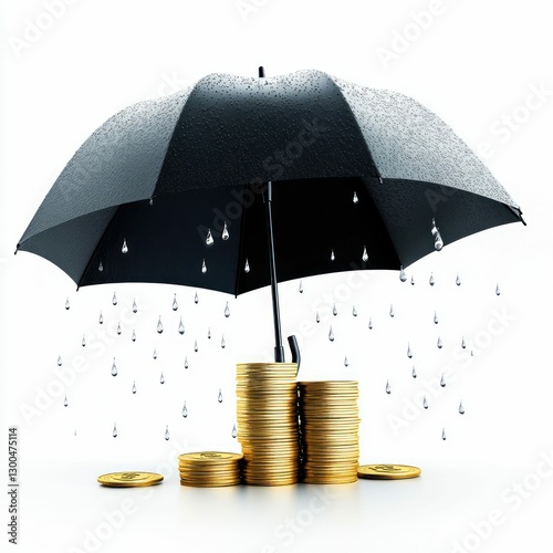 Large Umbrella Protecting a Stack of Shiny Gold Coins from Falling Rain Isolated on White