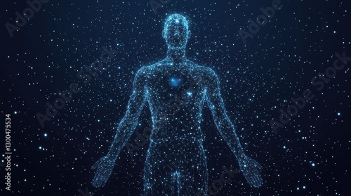 Human body low poly wireframe. Vector polygonal image in the form of a starry sky or space, consisting of points, lines, and shapes in the form of stars with destruct shapes