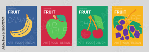 Fruit exhibition vector poster. Colored art design collection. Banana, apple, cherry and grapes in trendy style
