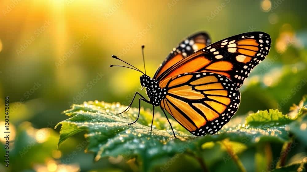 Monarch Butterfly on Dew-Kissed Leaf at Sunrise Monarch Butterfly on Dew-Kissed Leaf at Sunrise