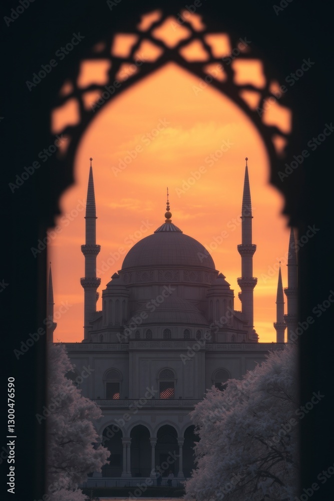 Fototapeta premium Majestic Mosque Sunset Silhouette Framed by Arch