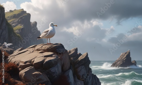A lone seagull perched on a rocky outcropping, wind-swept feathers ruffled by gusts of air,  isolation, seagull,  landscape