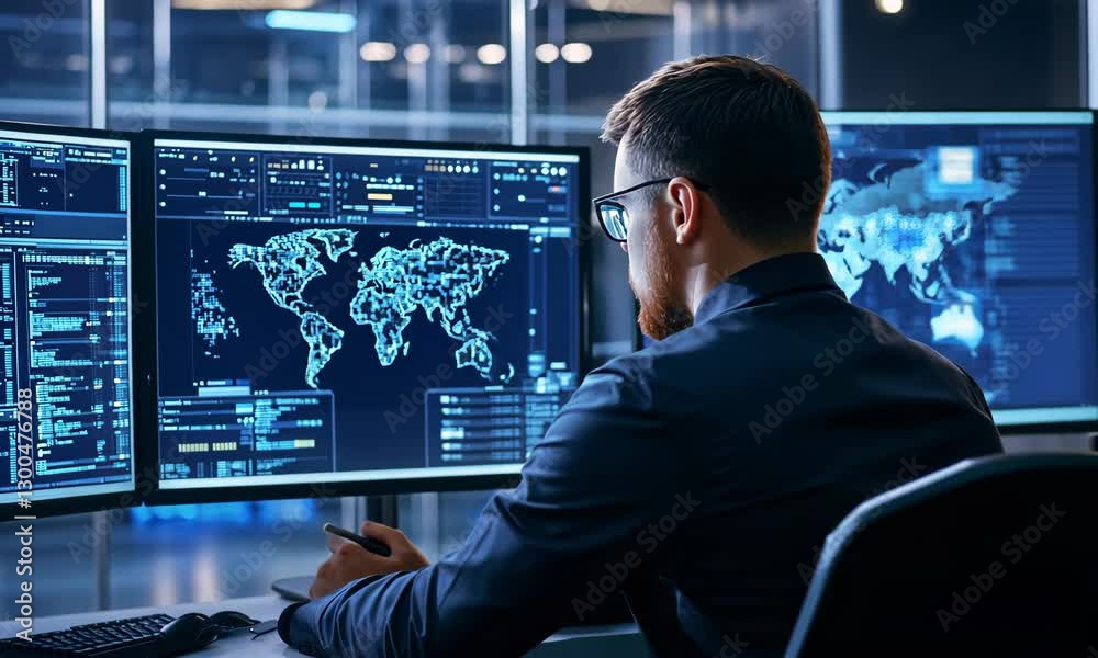 Focused Man Analyzing Data on Multiple Screens in a Modern Office Workspace with Global Maps Focused Man Analyzing Data on Multiple Screens in a Modern Office Workspace with Global Maps