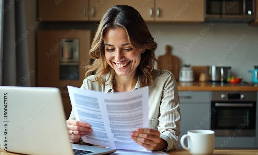 Cheerful Woman Doing Home Accounting and Filing Taxes on Laptop Cheerful Woman Doing Home Accounting and Filing Taxes on Laptop