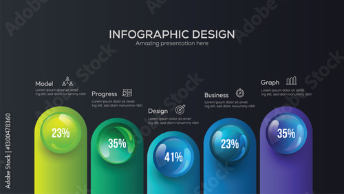 Business 5 option infographic presentation vector 3D colorful balls illustration five steps infographic are arranged vertically creating a clear timeline flow from top to bottom. Dark Background