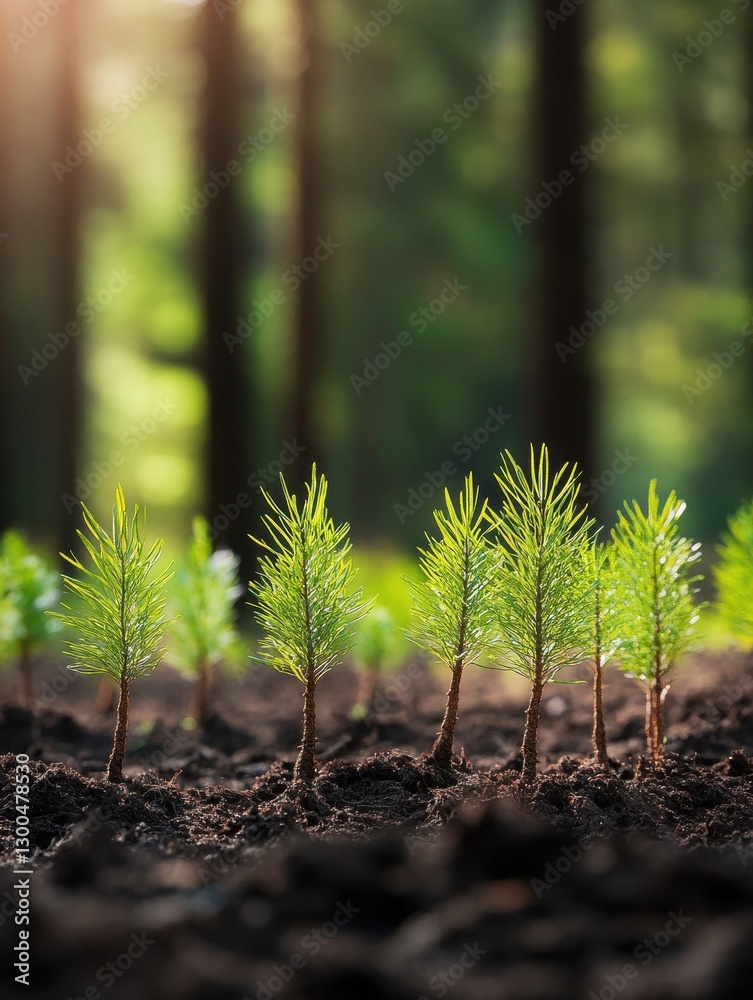Rows of young evergreen seedlings growing in fertile soil, symbolizing reforestation, sustainable forestry, and environmental conservation efforts. Rows of young evergreen seedlings growing in fertile soil, symbolizing reforestation, sustainable forestry, and environmental conservation efforts.
