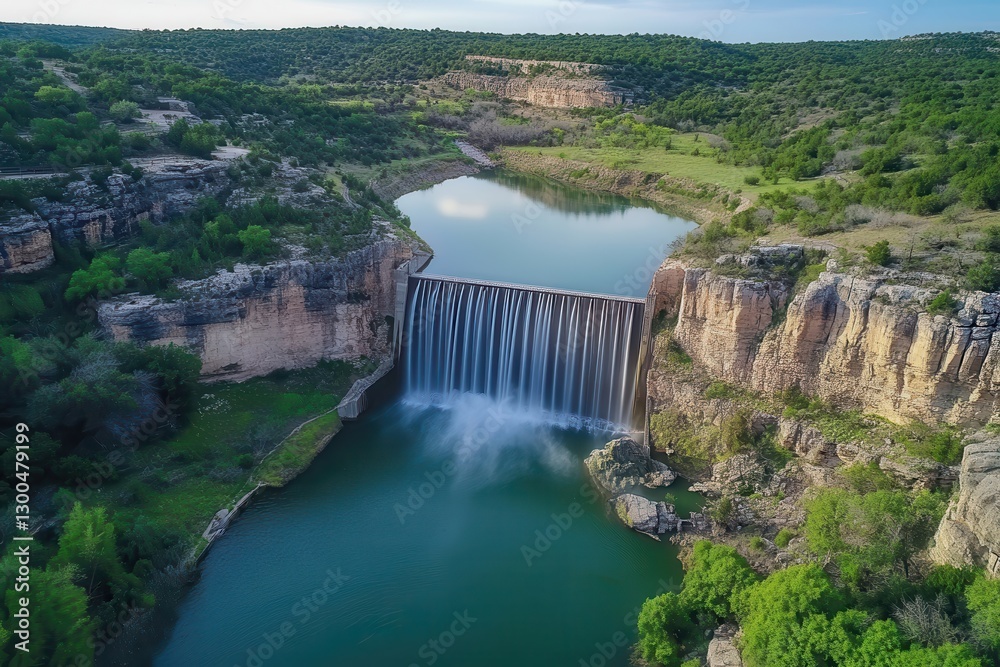 Aerial view of scenic waterfall cascading into clear blue lake surrounded by lush greenery and hills in beautiful natural landscape outdoors. Aerial view of scenic waterfall cascading into clear blue lake surrounded by lush greenery and hills in beautiful natural landscape outdoors.