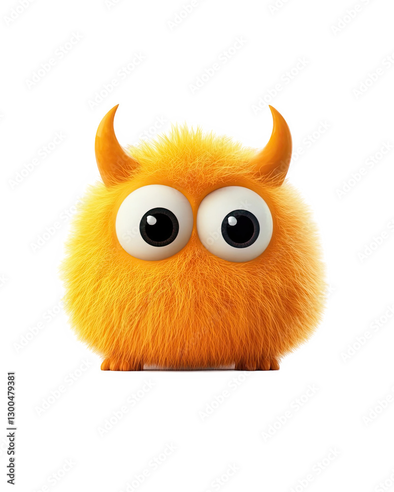 Fototapeta premium Cute orange monster with long fur, big eyes, and small horns on a white background