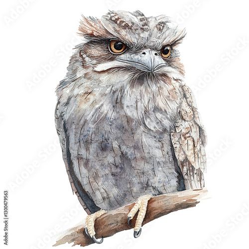 A watercolor painting presents a tawny frogmouth bird perched on a branch, with detailed feathering.