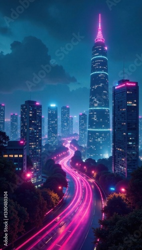 Futuristic urban landscape with skyscrapers and neon lights at night, urbanism, sustainability
