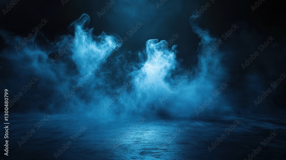 Fototapeta premium white smoke on dark black background , ark blue room background with smoke and floor, Dark empty scene, blue neon searchlight light, smoke, night view, rays.