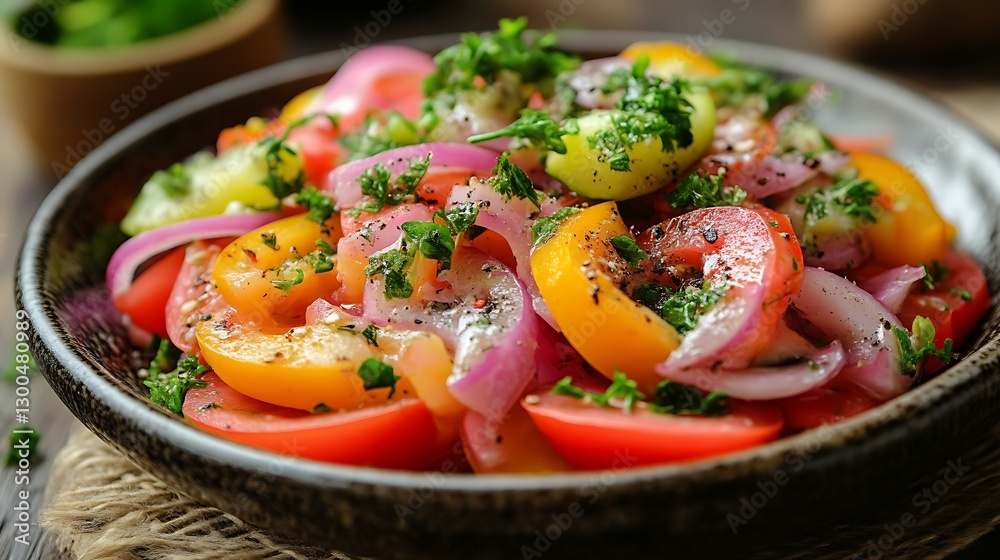 Salad topped parsley on wooden surface Salad topped parsley on wooden surface