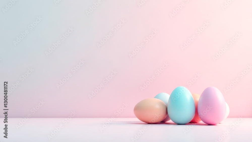 Fototapeta premium Pastel Easter eggs on a pink background, soft and delicate holiday composition