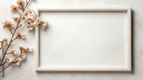 Minimalist white frame with cherry blossom branches on a soft background, ideal for design projects.