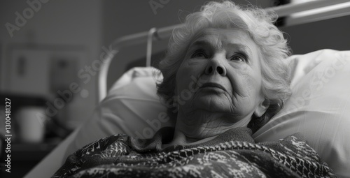 Elderly woman in a hospital bed, gazing thoughtfully towards the ceiling, with medical equipment in the soft background