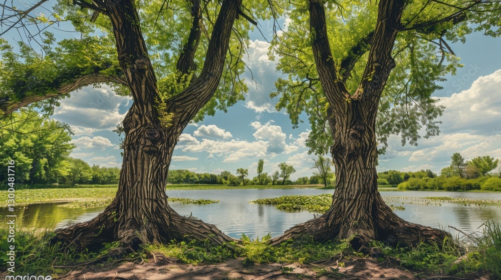 Serene Landscape with Majestic Trees Framing a Tranquil Lake Surrounded by Lush Greenery and Bright Blue Sky Serene Landscape with Majestic Trees Framing a Tranquil Lake Surrounded by Lush Greenery and Bright Blue Sky