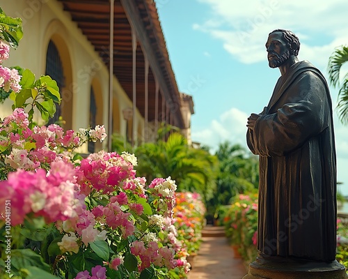 Statue in garden, historic architecture, blue sky