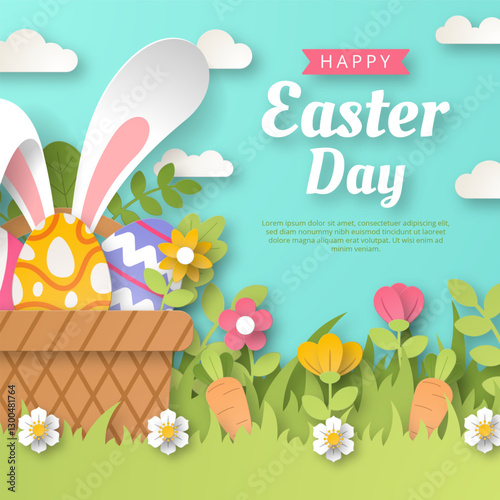 Happy Easter background with paper cut bunny, flowers and eggs. Vector illustration.