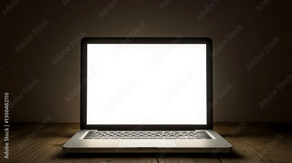 Blank Laptop Screen with Wooden Table Under Soft Light in Dark Room Environment Blank Laptop Screen with Wooden Table Under Soft Light in Dark Room Environment