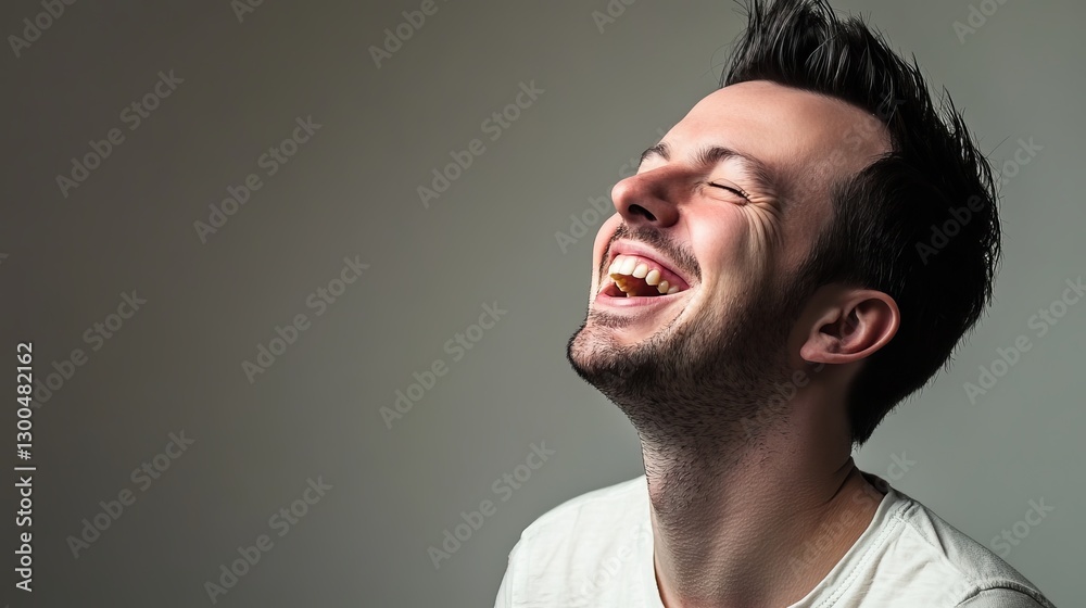Happy young man laughing with joy looking up against a soft grey background with bright natural light shining Happy young man laughing with joy looking up against a soft grey background with bright natural light shining