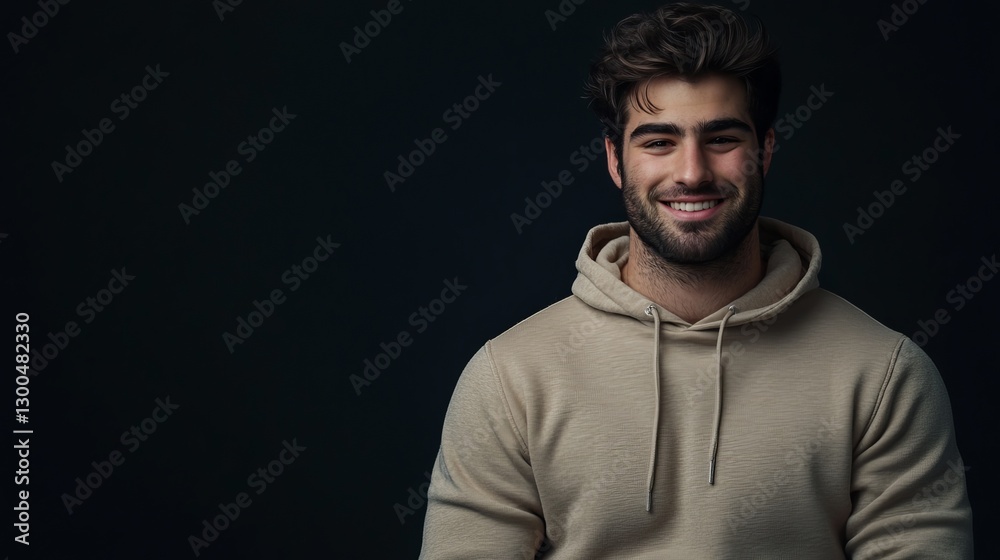 Smiling young man wearing a beige hoodie on a dark background with casual and friendly expression Smiling young man wearing a beige hoodie on a dark background with casual and friendly expression