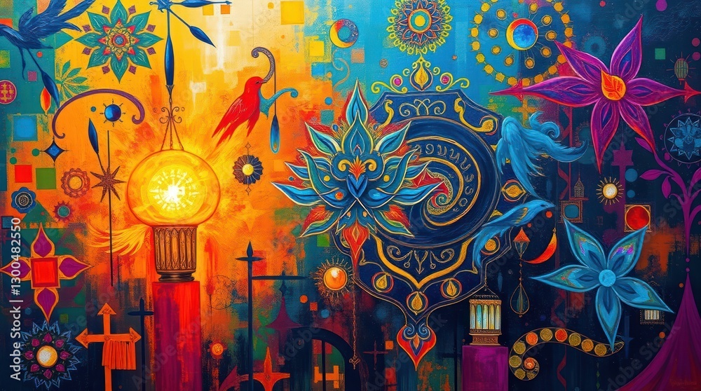 Obraz premium Colorful Abstract Art Painting with Flowers, Birds, and Decorative Elements