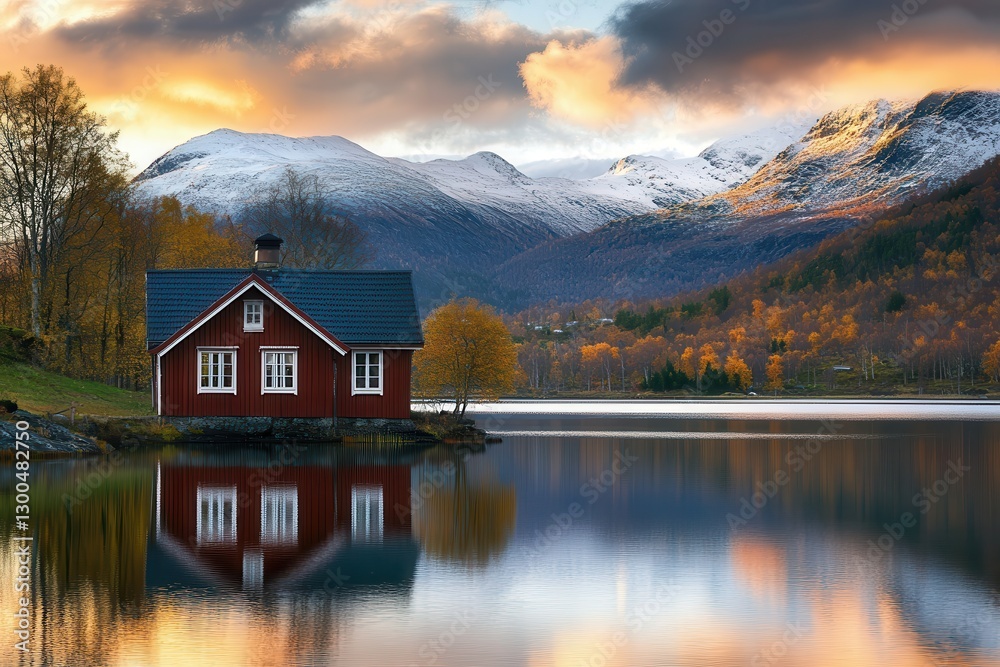 Fototapeta premium Scenic mountain landscape during sunset with red wooden house by a calm lake reflecting autumn colors in nature, tranquil outdoor getaway and relaxation.