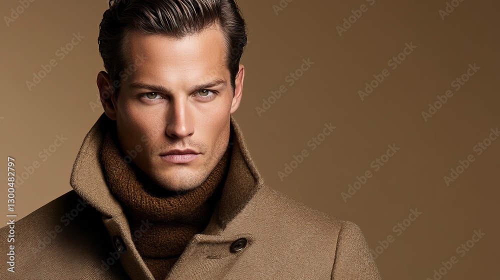Obraz premium Stylish man in fashionable warm coat with high collar on neutral background showcasing modern winter fashion
