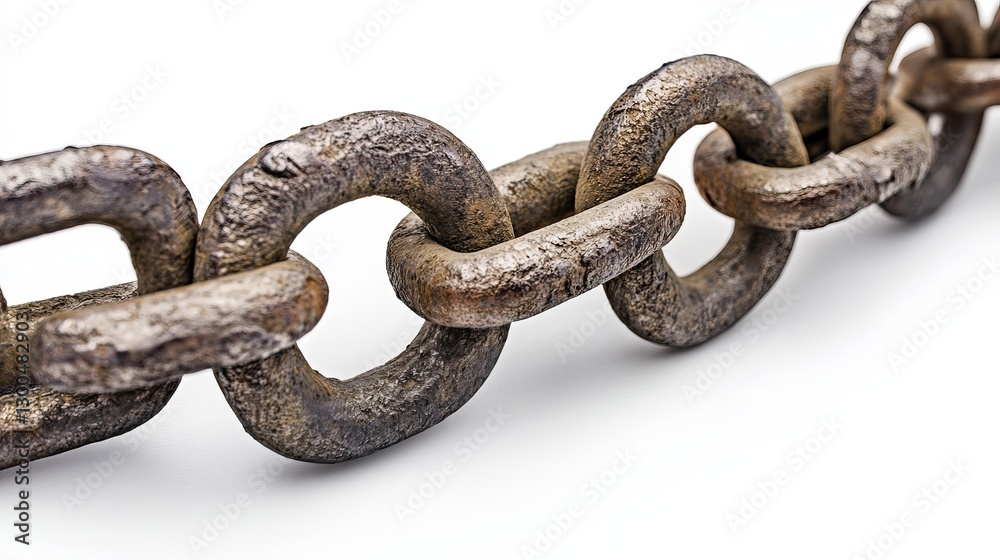 Fototapeta premium Close-Up Detail of Metal Chain Links Isolated on White Background for Industrial and Construction Themes