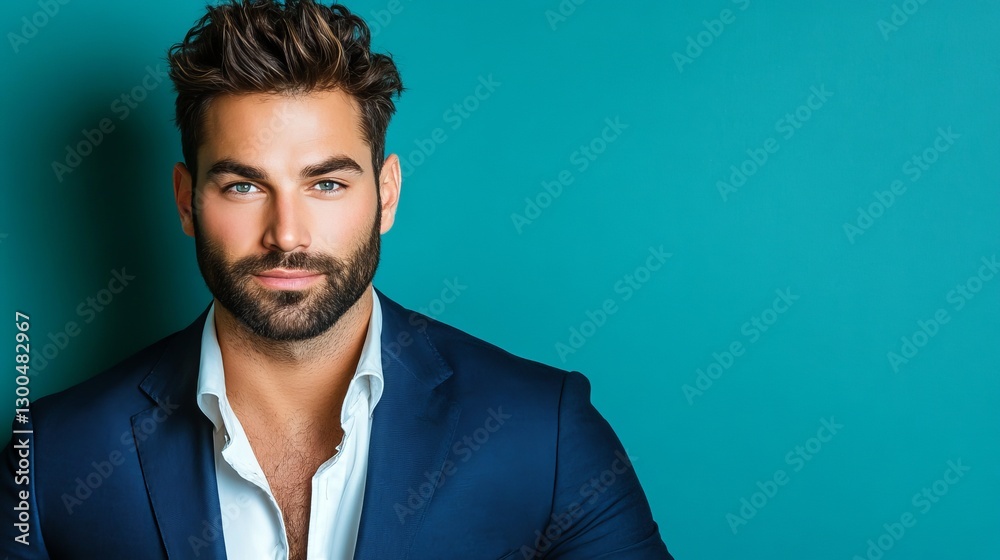 Confident young man wearing a suit with stylish hair posing against a vibrant blue background in studio setting Confident young man wearing a suit with stylish hair posing against a vibrant blue background in studio setting
