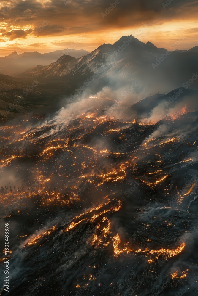 Fototapeta premium Aerial view of wildfire burning across mountainous landscape at sunset with smoke rising, environmental disaster and nature in crisis concept, dramatic sky.