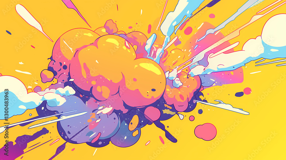 Colorful explosion of paint splashes on a bright yellow background, creating a dynamic artistic effect Colorful explosion of paint splashes on a bright yellow background, creating a dynamic artistic effect