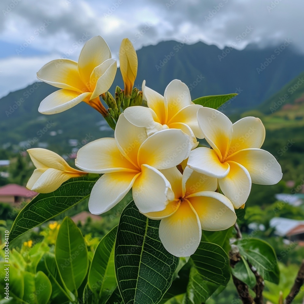 Fototapeta premium A photo of yellow and white frangipani flowers in full bloom, with green leaves on the background of mountainous terrain and houses