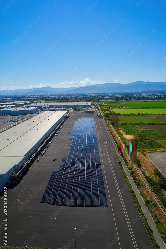 Solar panels installed on warehouse roof in industrial area with green field and mountains in background under clear blue sky promoting renewable energy solutions. Solar panels installed on warehouse roof in industrial area with green field and mountains in background under clear blue sky promoting renewable energy solutions.