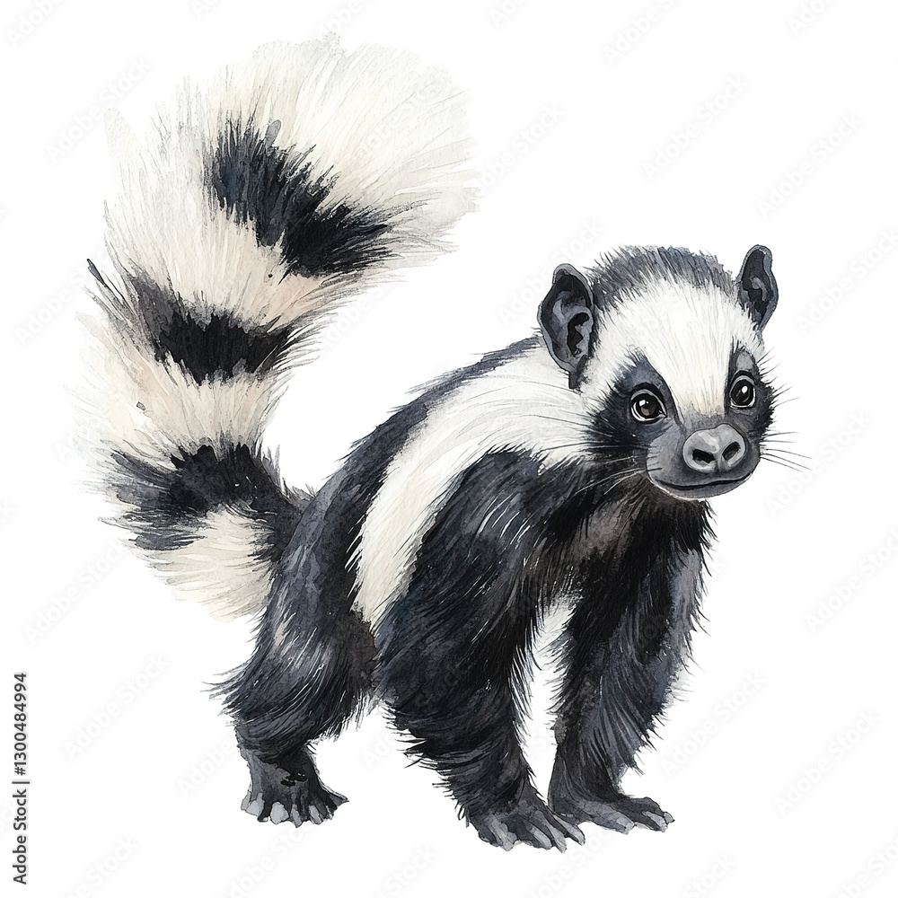 The image features a watercolor illustration of a skunk with black and white striped markings and fur. The image features a watercolor illustration of a skunk with black and white striped markings and fur.